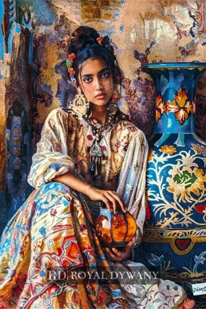 Dywan obrazowy 1700 reed z przędzy modalnej – orientalna kobieta z lampą i wazonem