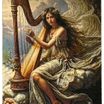 Dywan obrazowy przedstawiający kobietę grającą na harfie siedzącą na chmurach wśród kwiatów w romantycznym stylu klasycznym