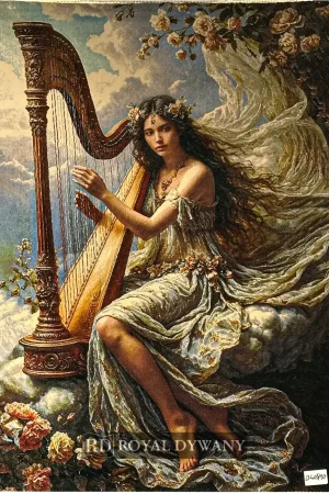 Dywan obrazowy przedstawiający kobietę grającą na harfie siedzącą na chmurach wśród kwiatów w romantycznym stylu klasycznym